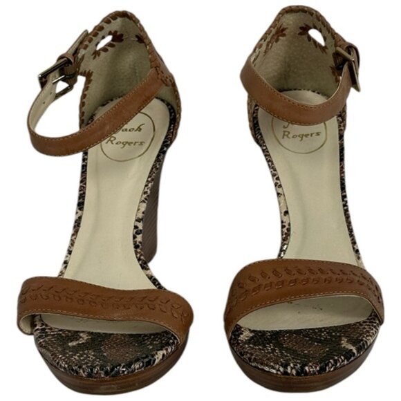 Jack Rogers Brown Wedge Sandals Womens Size 8.5 M Leather Bohemian Brazil Snake - Picture 10 of 16